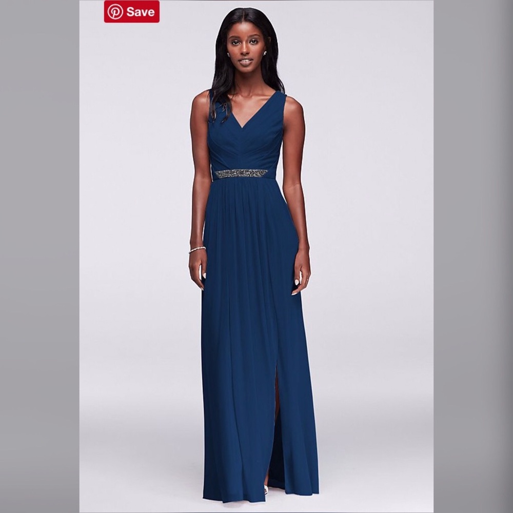 David’s Bridal navy blue floor length dress.